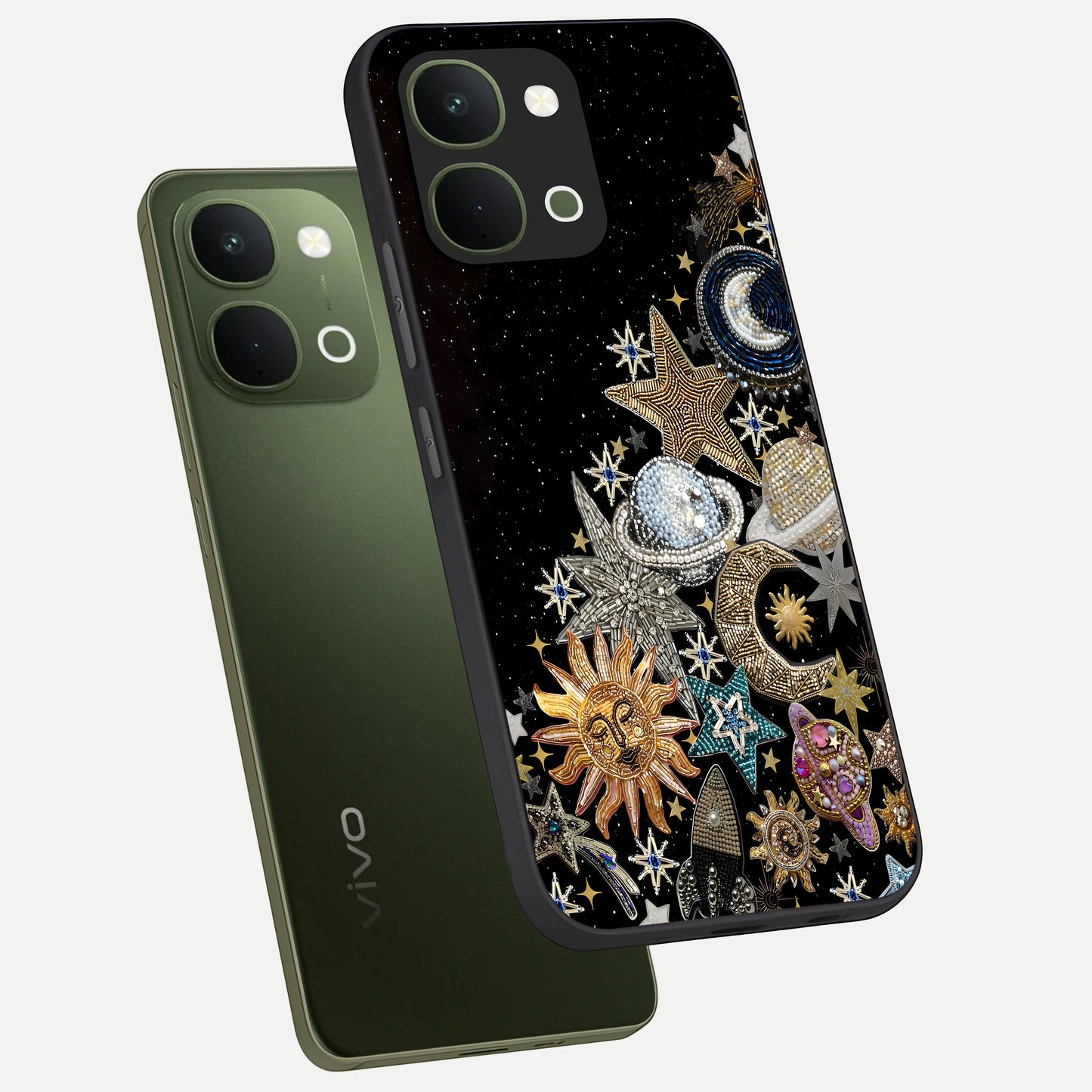 Cosmic Sparkle Dreams Glass Case displayed in angled mockup highlighting dreamy star sparkle design with celestial aesthetic.