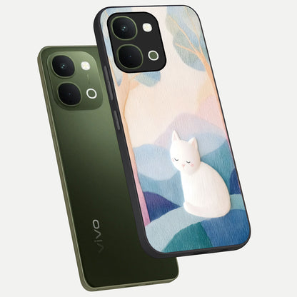 Cotton Dream Cat Glass Case displayed in angled mockup highlighting cute feline illustration with pastel aesthetic style.