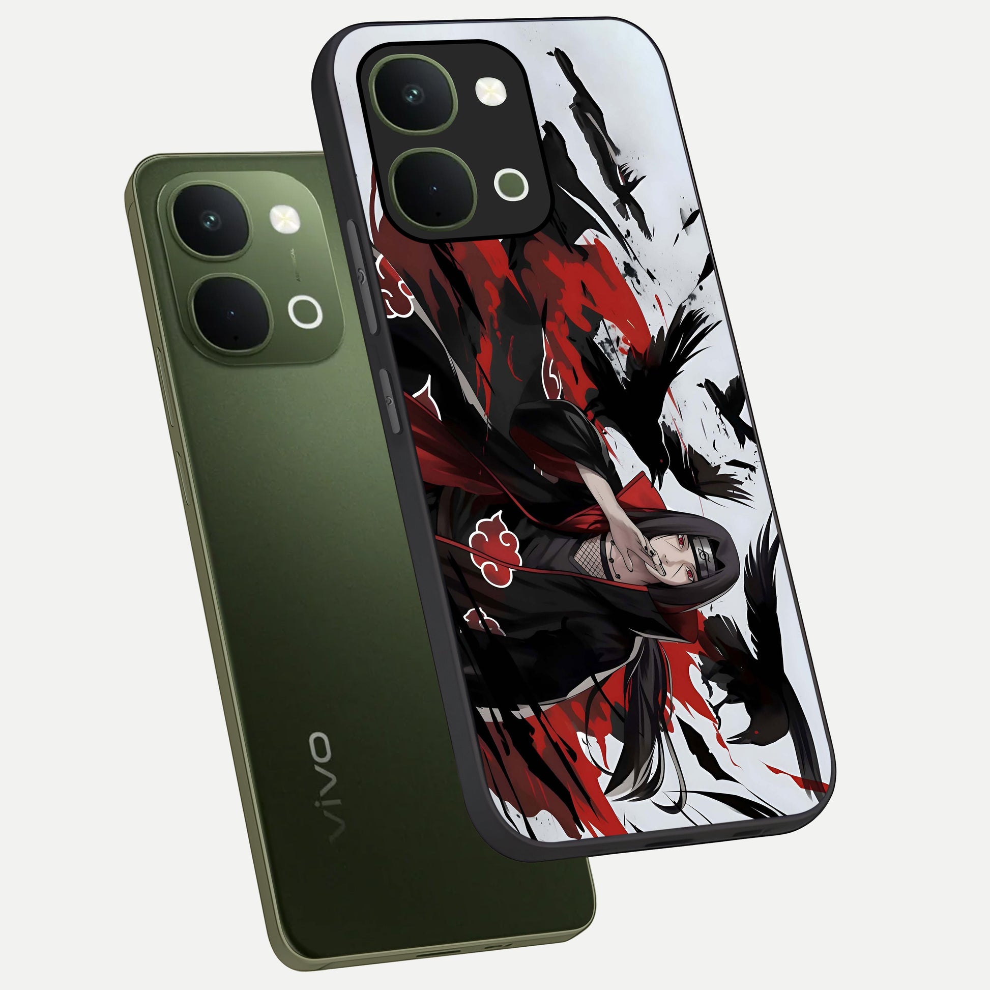 Crimson Crow Illusion Glass Case displayed in angled mockup highlighting mysterious crow graphic with dark aesthetic style.