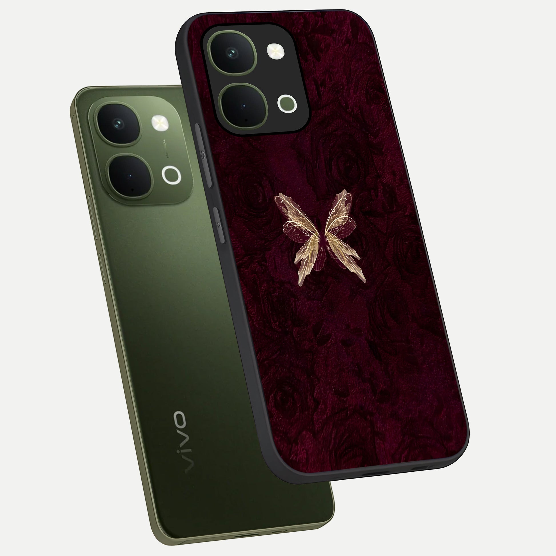 Crimson Fade Butterfly Glass Case displayed in angled mockup highlighting elegant butterfly design with crimson gradient aesthetic.