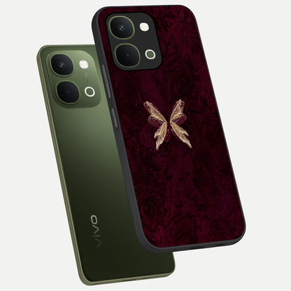 Crimson Fade Butterfly Glass Case displayed in angled mockup highlighting elegant butterfly design with crimson gradient aesthetic.