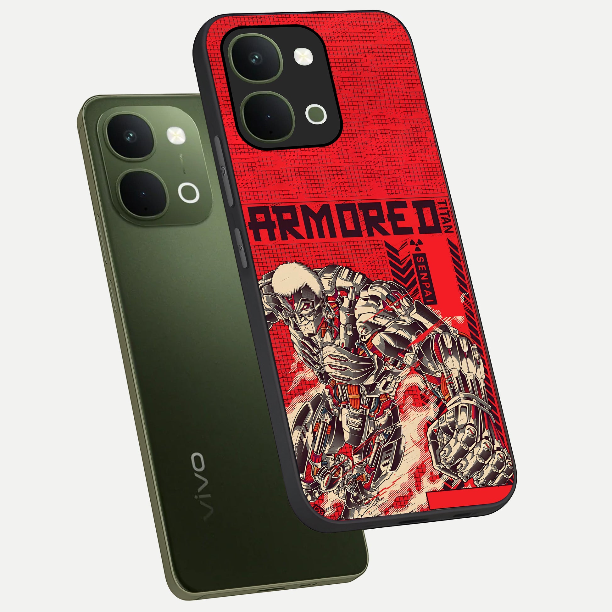Crimson Mecha Titan Glass Case displayed in angled mockup highlighting futuristic mech illustration with bold crimson aesthetic.