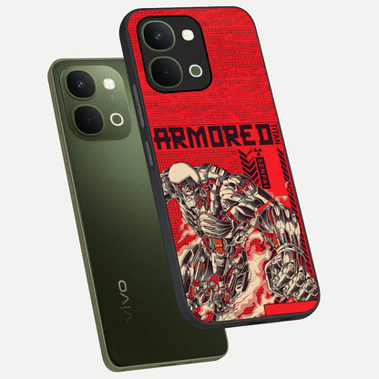 Crimson Mecha Titan Glass Case displayed in angled mockup highlighting futuristic mech illustration with bold crimson aesthetic.