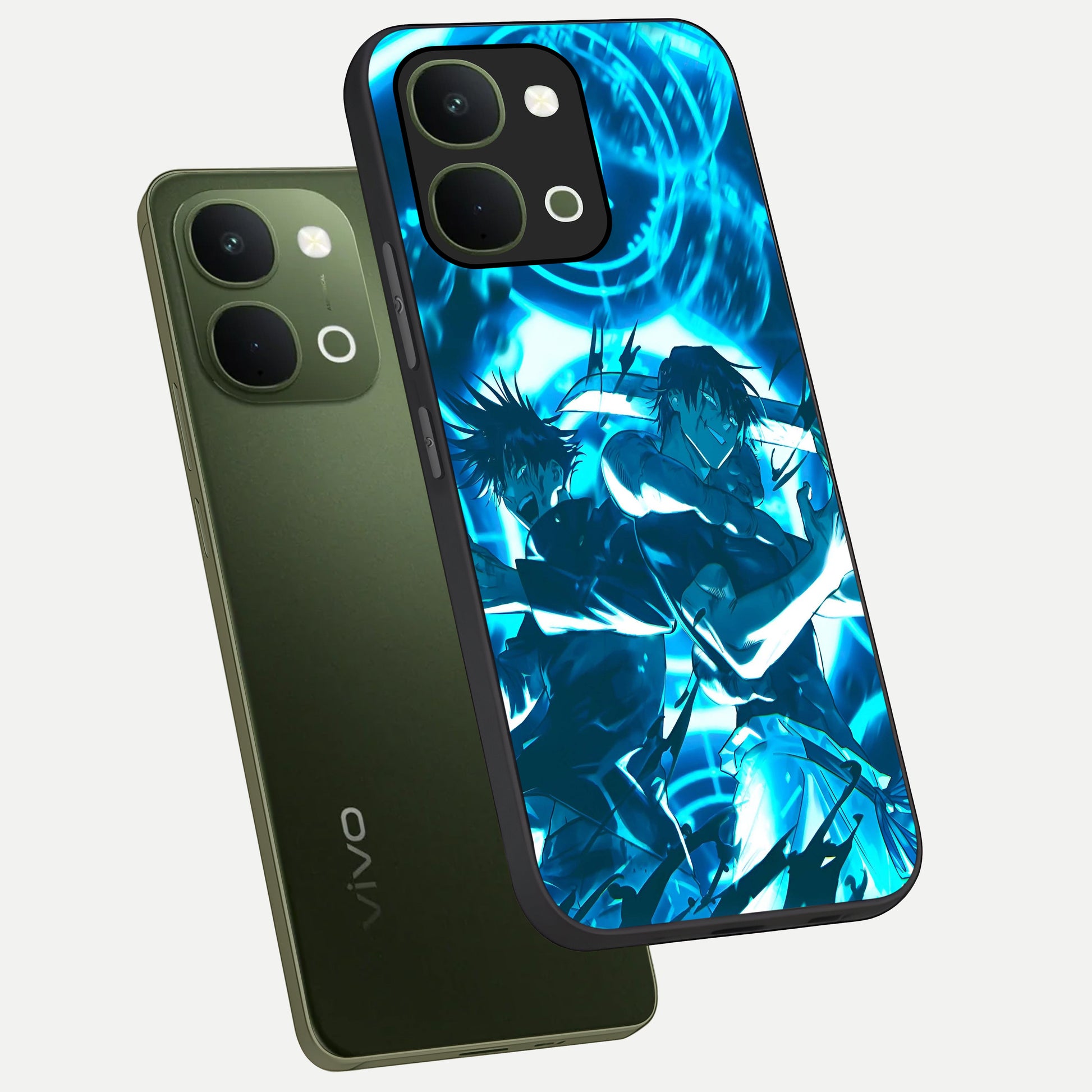 Cursed Energy Clash Glass Case displayed in angled mockup highlighting powerful battle inspired graphic with anime style aesthetic.