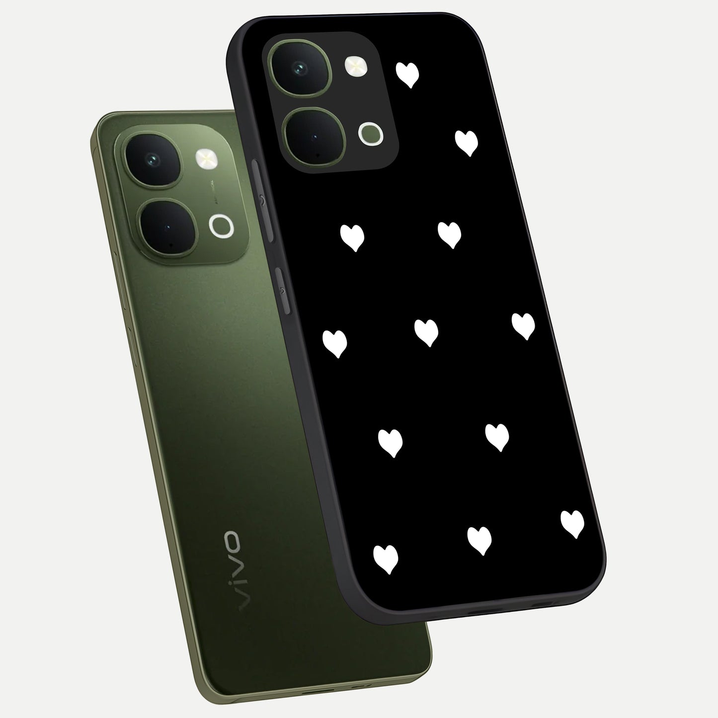 Cute And Simple White Hearts Glass Case displayed in angled mockup highlighting cute heart design with clean aesthetic style.