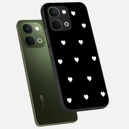 Cute And Simple White Hearts Glass Case displayed in angled mockup highlighting cute heart design with clean aesthetic style.