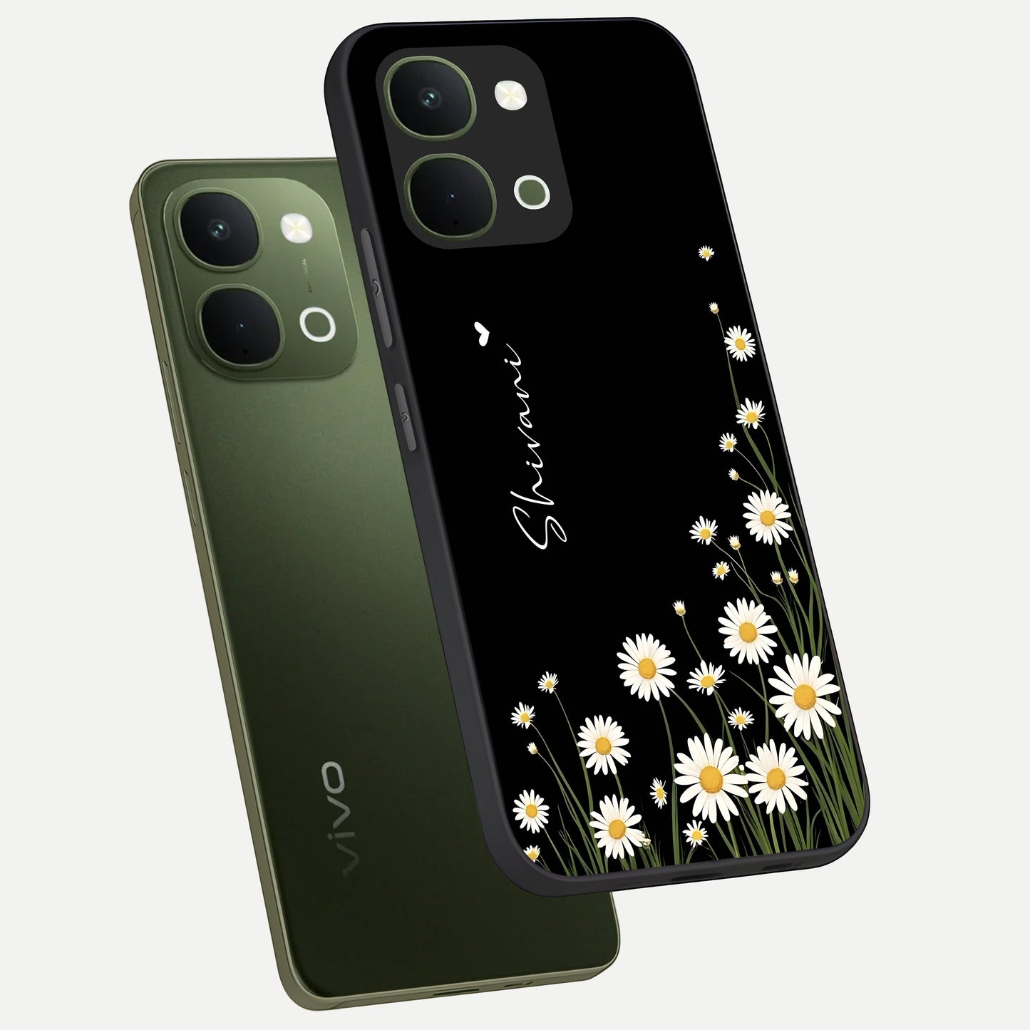 Daisy Cascade Custom Name Glass Case displayed in angled mockup highlighting delicate daisy artwork with custom name feature.