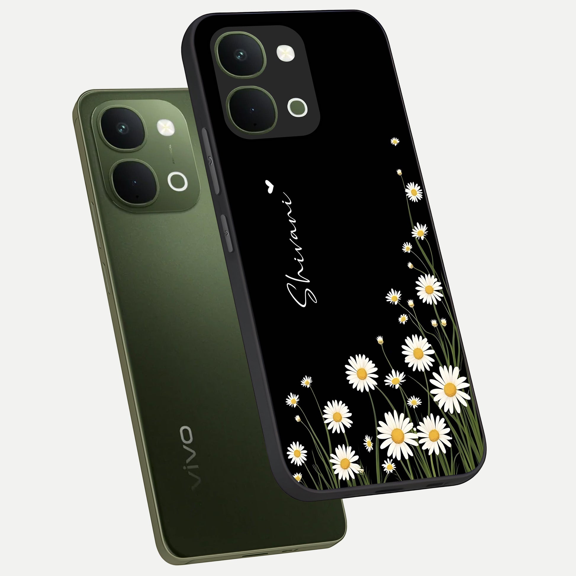 Daisy Cascade Custom Name Glass Case displayed in angled mockup highlighting delicate daisy artwork with custom name feature.