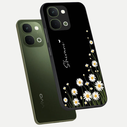 Daisy Cascade Custom Name Glass Case displayed in angled mockup highlighting delicate daisy artwork with custom name feature.