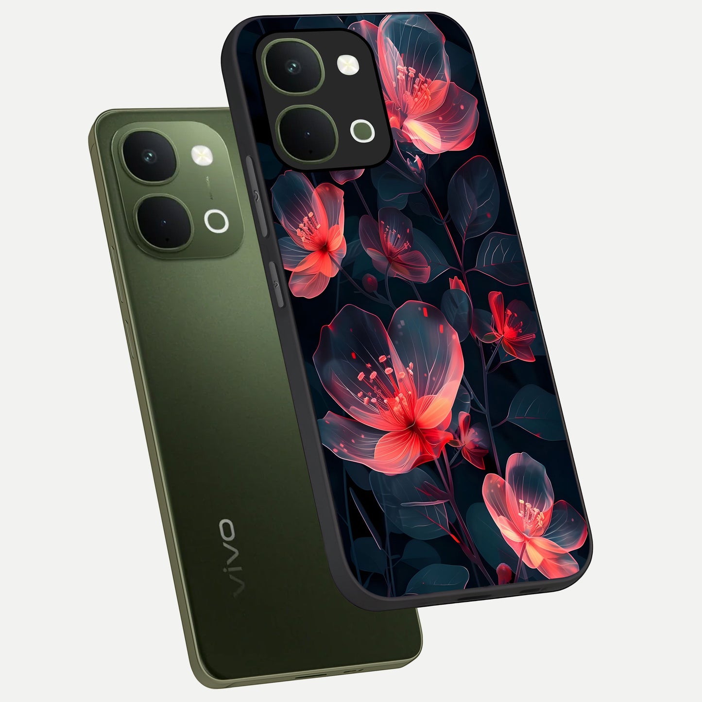 Dark Shade of Flower Glass Case displayed in angled mockup highlighting moody floral illustration with aesthetic dark tones.