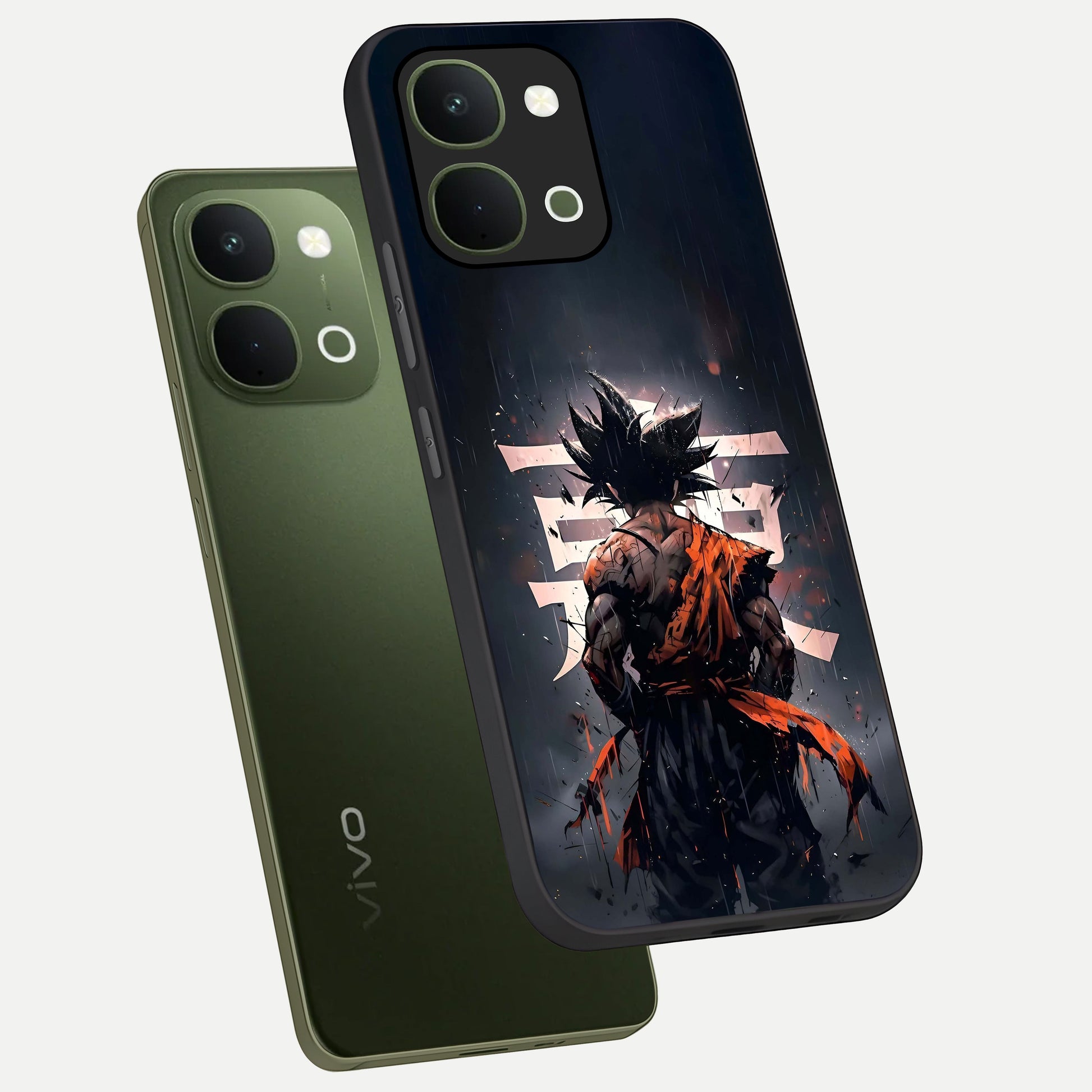 Dark Warrior In Rain Glass Case displayed in angled mockup highlighting dramatic warrior illustration with dark rain aesthetic.