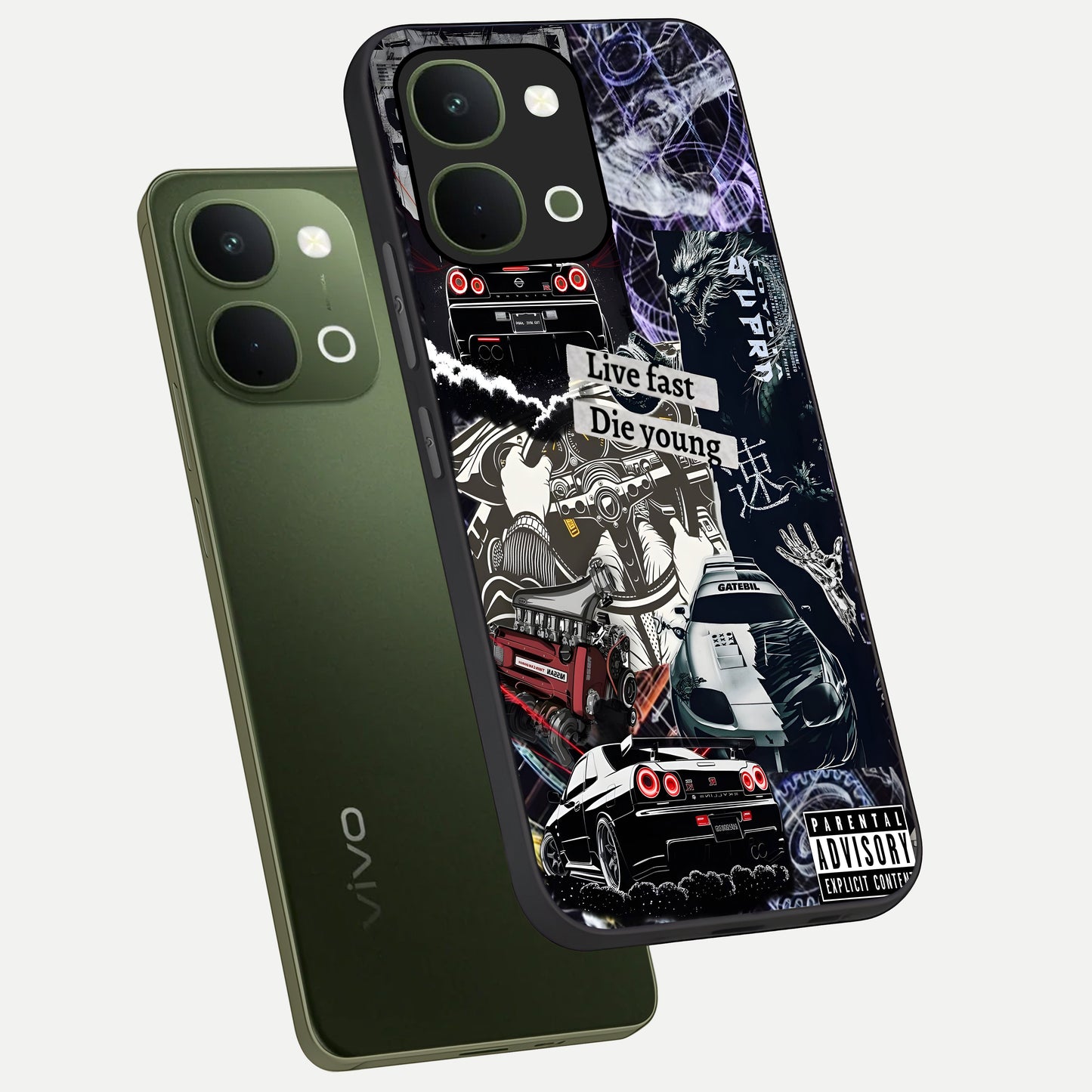 Die Young Glass Case displayed in angled mockup highlighting expressive graphic artwork with edgy aesthetic style.