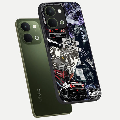 Die Young Glass Case displayed in angled mockup highlighting expressive graphic artwork with edgy aesthetic style.