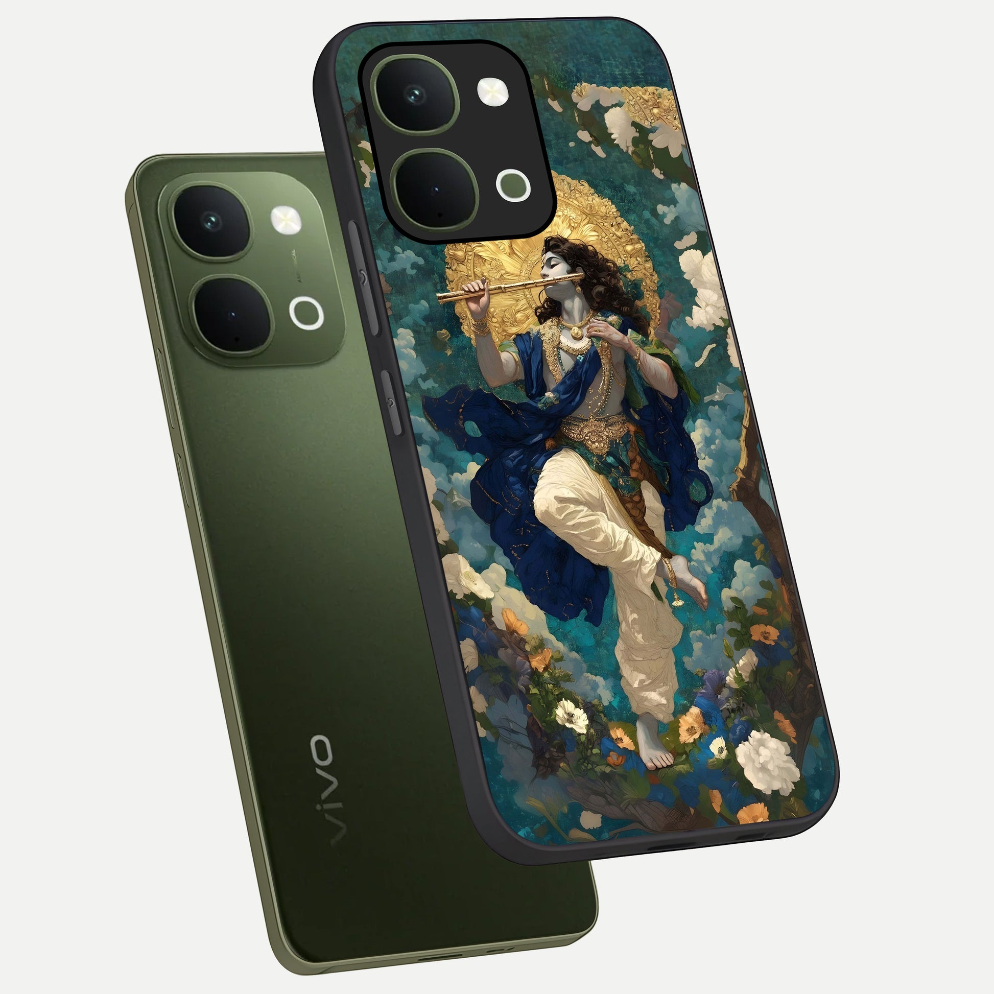 Divine Krishna Art Glass Case displayed in angled mockup highlighting spiritual Krishna illustration with devotional aesthetic.