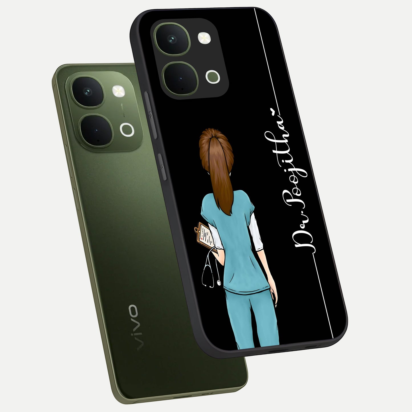 Doctor Pattern Custom Name Glass Case displayed in angled mockup highlighting doctor inspired artwork with custom name feature.