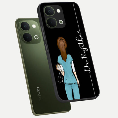 Doctor Pattern Custom Name Glass Case displayed in angled mockup highlighting doctor inspired artwork with custom name feature.