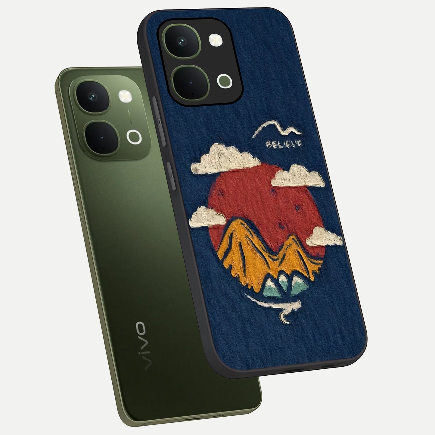 Dream Beyond Mountains Glass Case displayed in angled mockup highlighting dreamy mountain illustration with peaceful aesthetic.