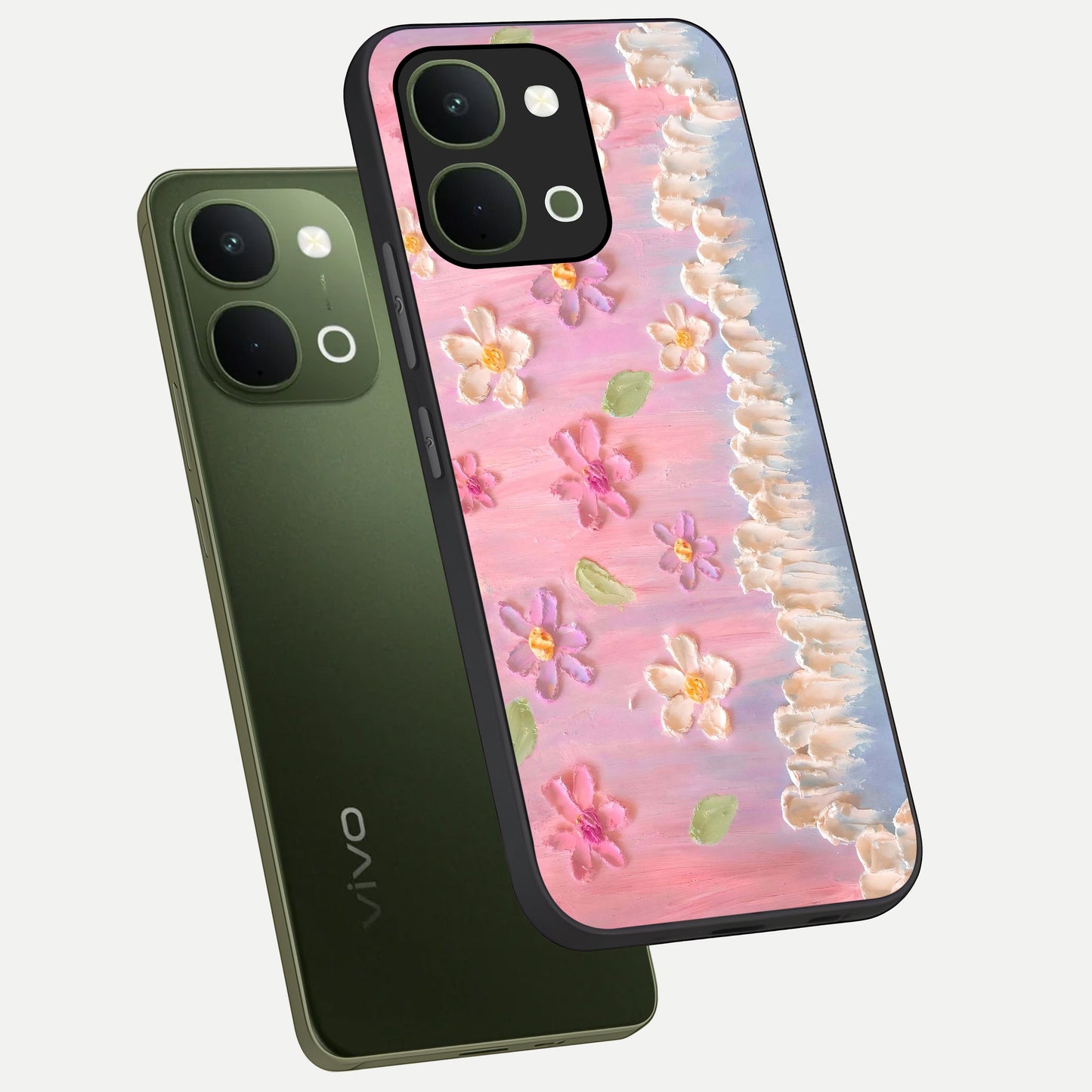 Dreamy Painted Garden Glass Case displayed in angled mockup highlighting colorful garden illustration with dreamy aesthetic style.