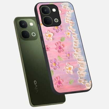 Dreamy Painted Garden Glass Case displayed in angled mockup highlighting colorful garden illustration with dreamy aesthetic style.