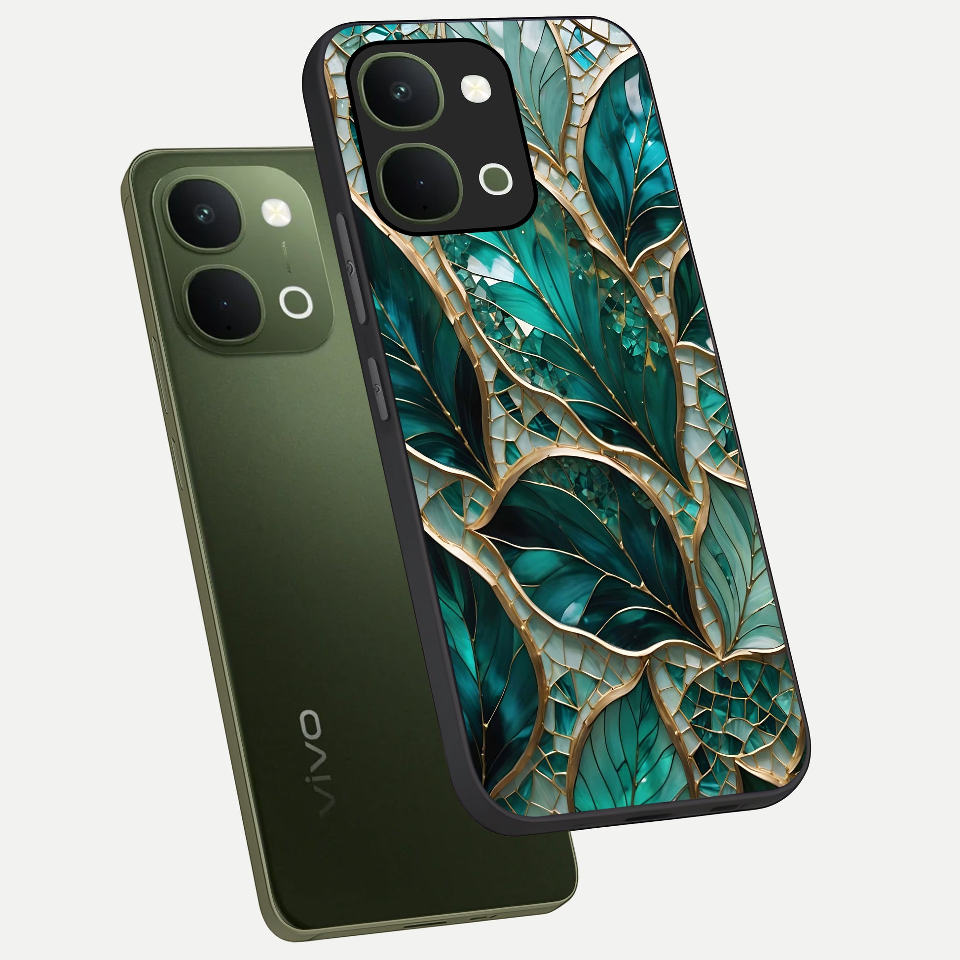 Emerald Leaf Glass Glass Case displayed in angled mockup highlighting botanical leaf illustration with elegant natural aesthetic.