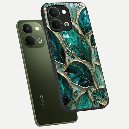 Emerald Leaf Glass Glass Case displayed in angled mockup highlighting botanical leaf illustration with elegant natural aesthetic.