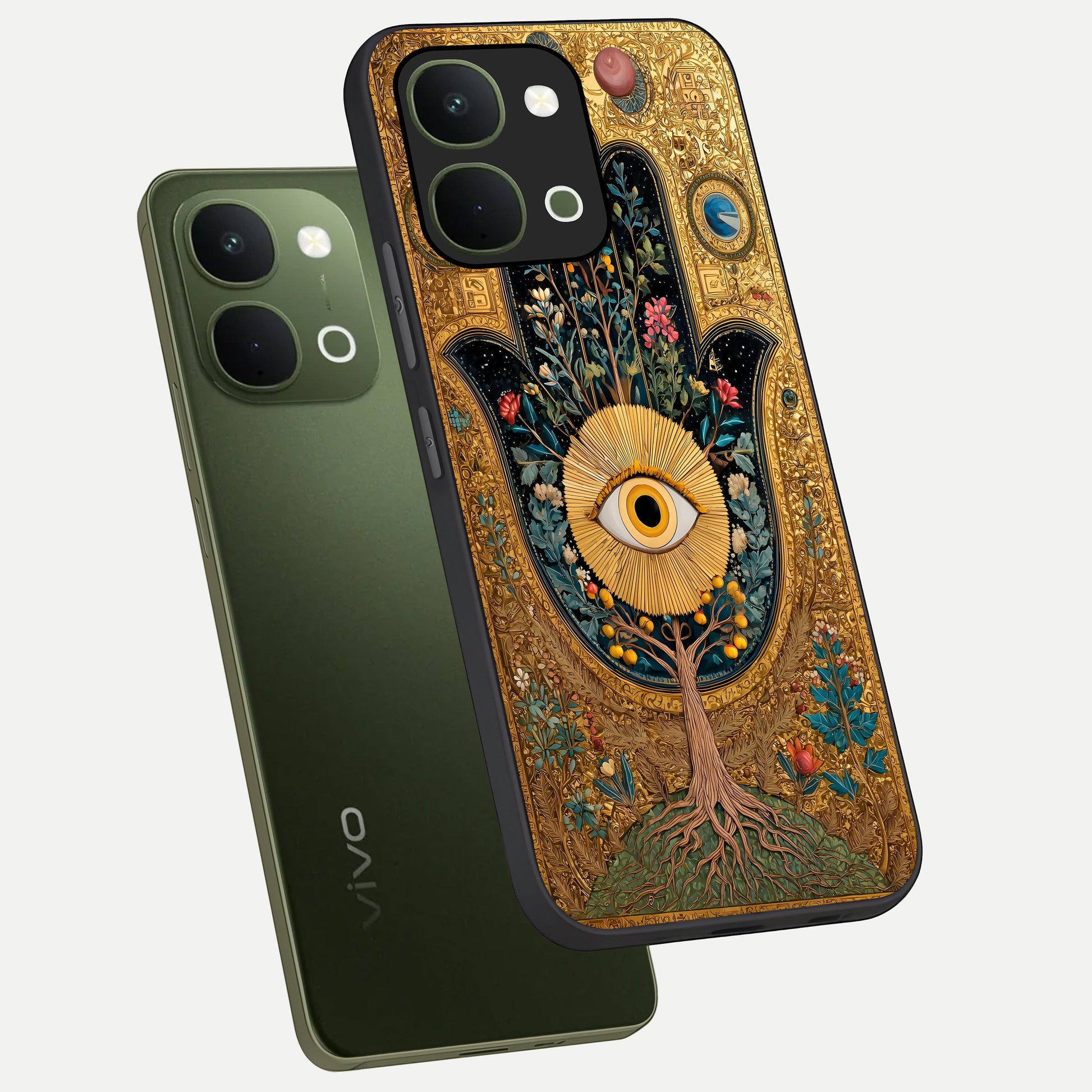 Ethereal Evil Eye Glass Case displayed in angled mockup highlighting protective evil eye symbol with spiritual aesthetic design.