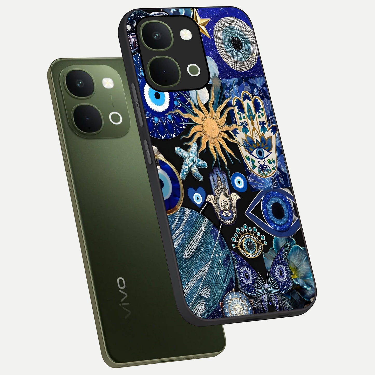 Evil Eye Charm Mix Glass Case displayed in angled mockup highlighting protective evil eye symbols with spiritual aesthetic design.