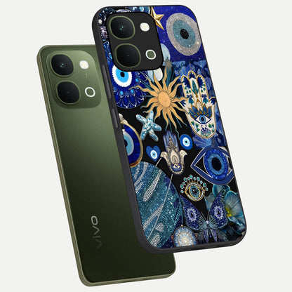 Evil Eye Charm Mix Glass Case displayed in angled mockup highlighting protective evil eye symbols with spiritual aesthetic design.