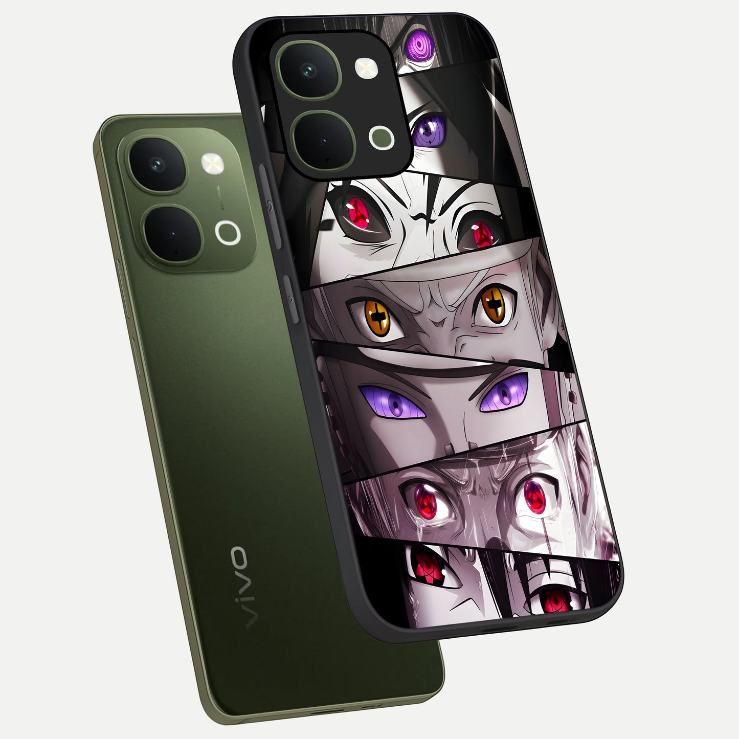 Eyes of Destiny Glass Case displayed in angled mockup highlighting bold eye illustration with mystical aesthetic style.
