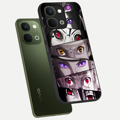 Eyes of Destiny Glass Case displayed in angled mockup highlighting bold eye illustration with mystical aesthetic style.