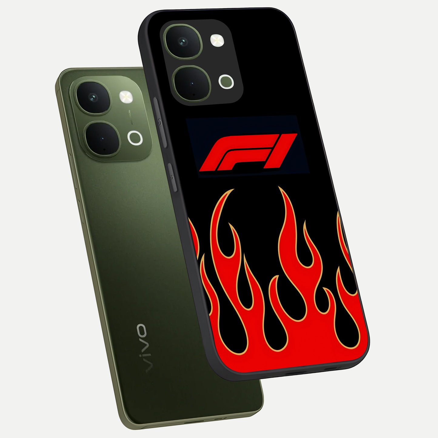 Fire F11 Glass Case displayed in angled mockup highlighting bold fire inspired graphic with energetic aesthetic style.
