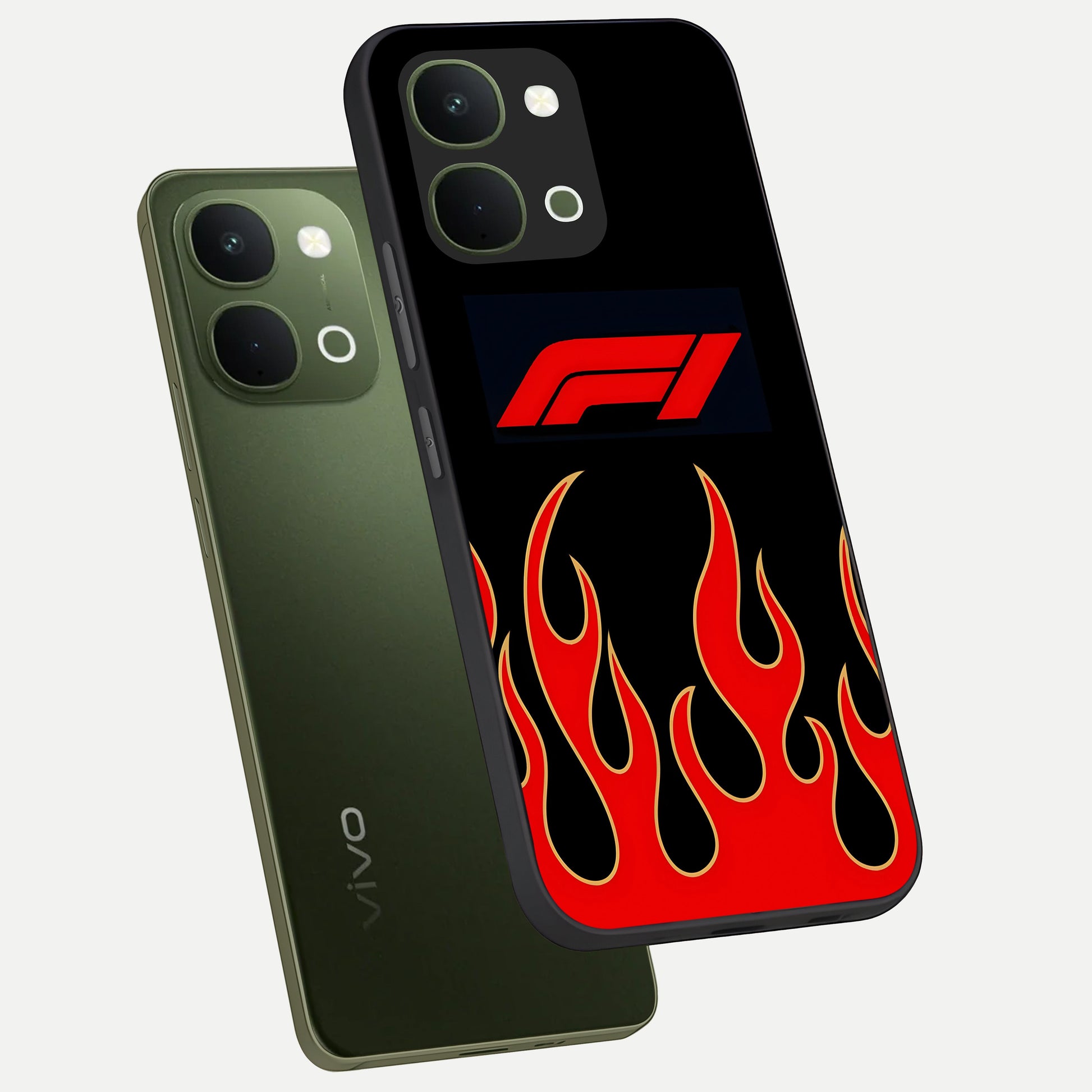 Fire F11 Glass Case displayed in angled mockup highlighting bold fire inspired graphic with energetic aesthetic style.