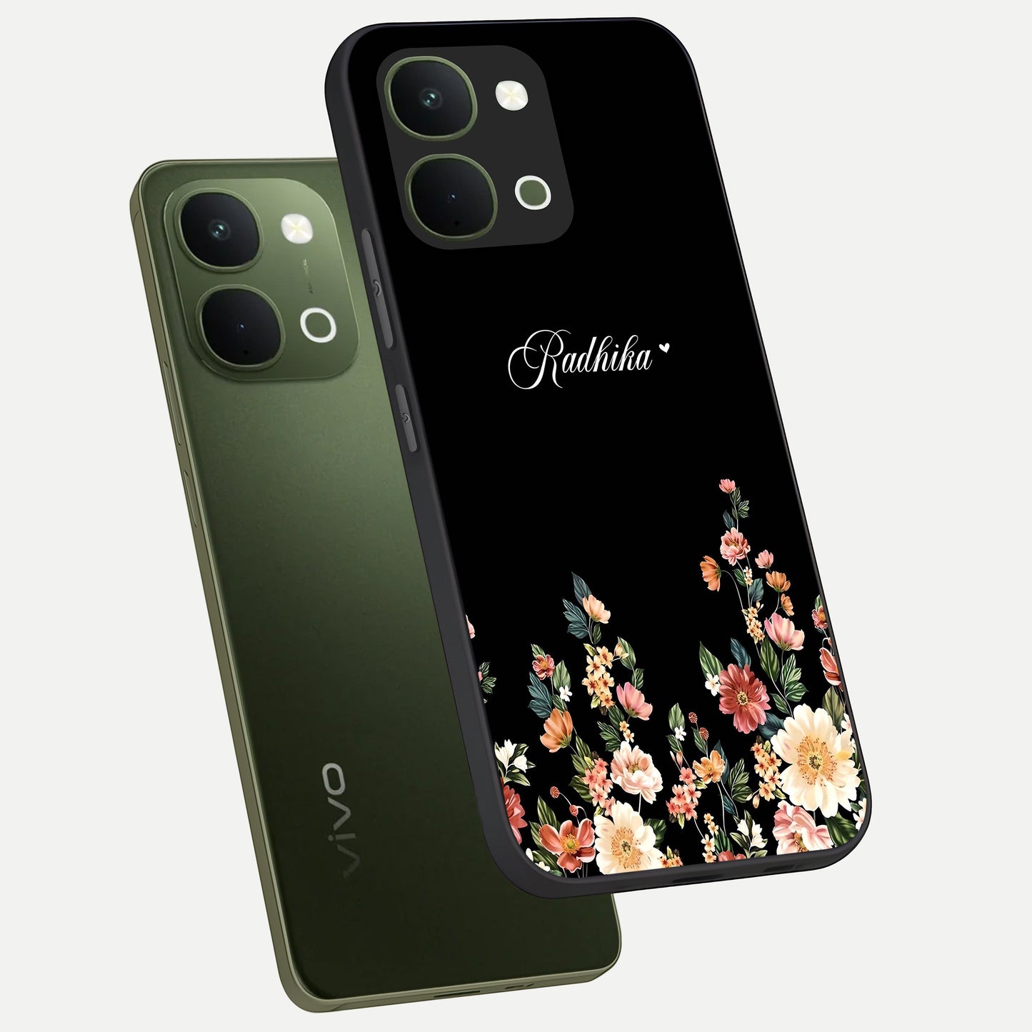 Floral Design With a Custom Personalized Name Glass Case displayed in angled mockup highlighting elegant floral pattern with custom name feature.