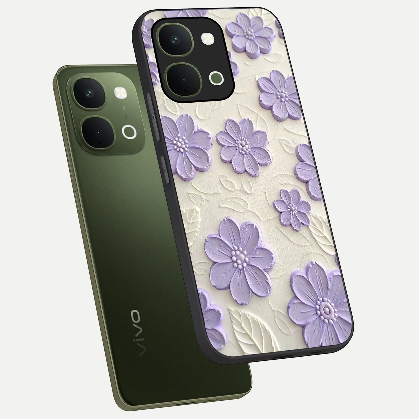 Floral Wall Art With Purple Flowers Glass Case displayed in angled mockup highlighting vibrant purple floral illustration with artistic aesthetic.