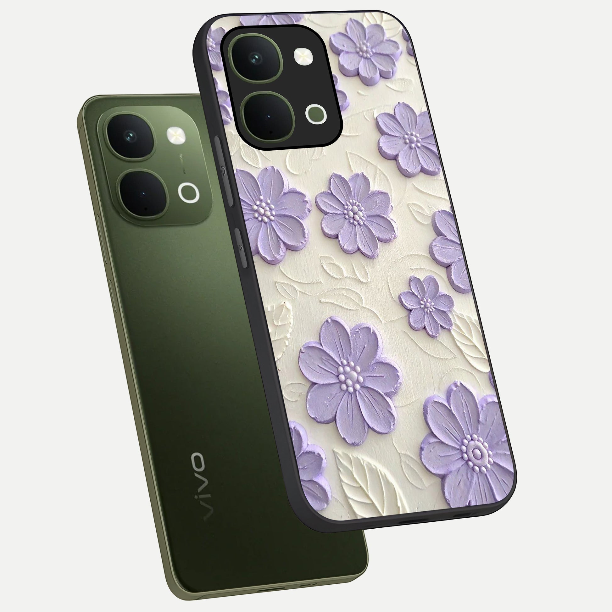 Floral Wall Art With Purple Flowers Glass Case displayed in angled mockup highlighting vibrant purple floral illustration with artistic aesthetic.