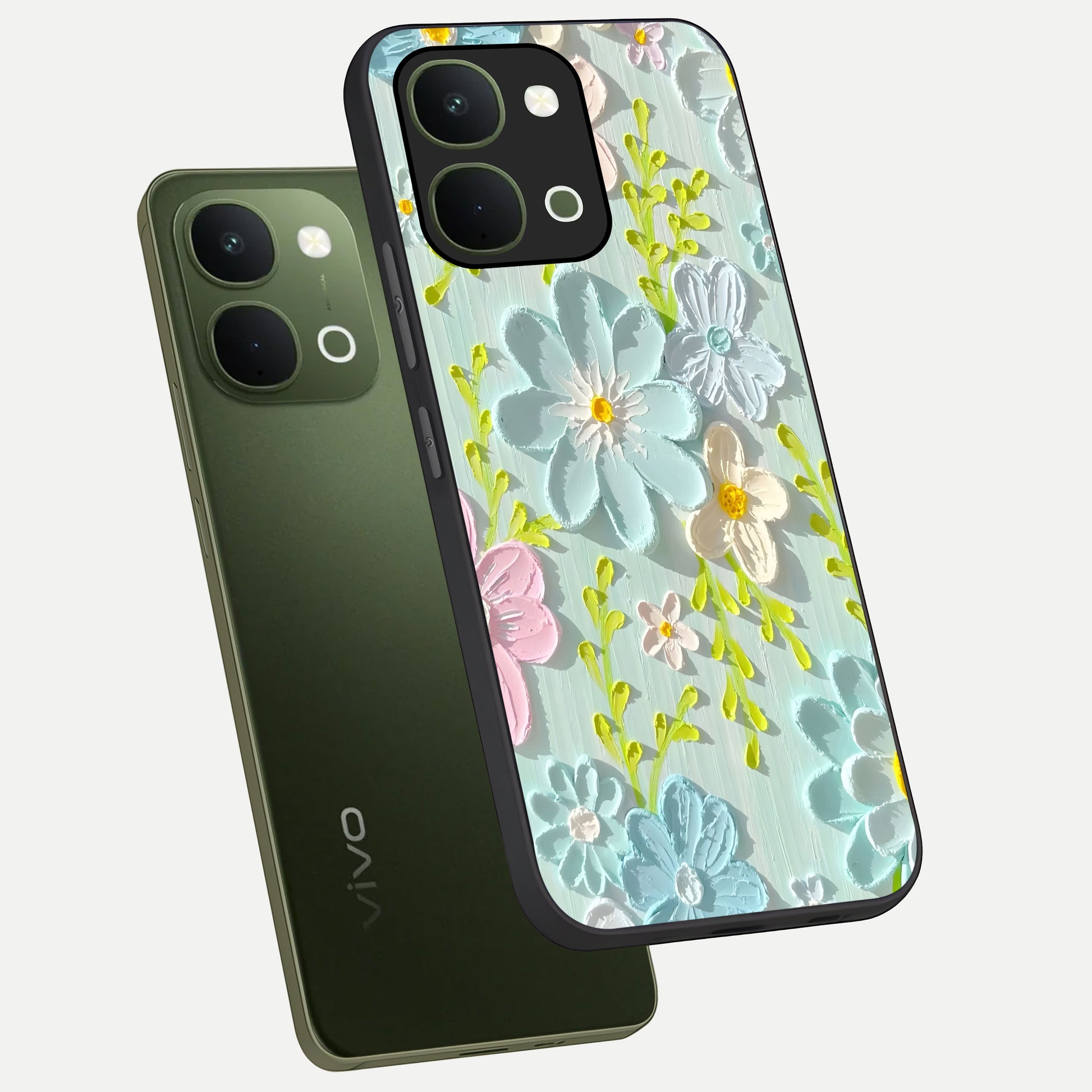 Frosted Petal Garden Glass Case displayed in angled mockup highlighting delicate flower petal design with calm garden aesthetic.
