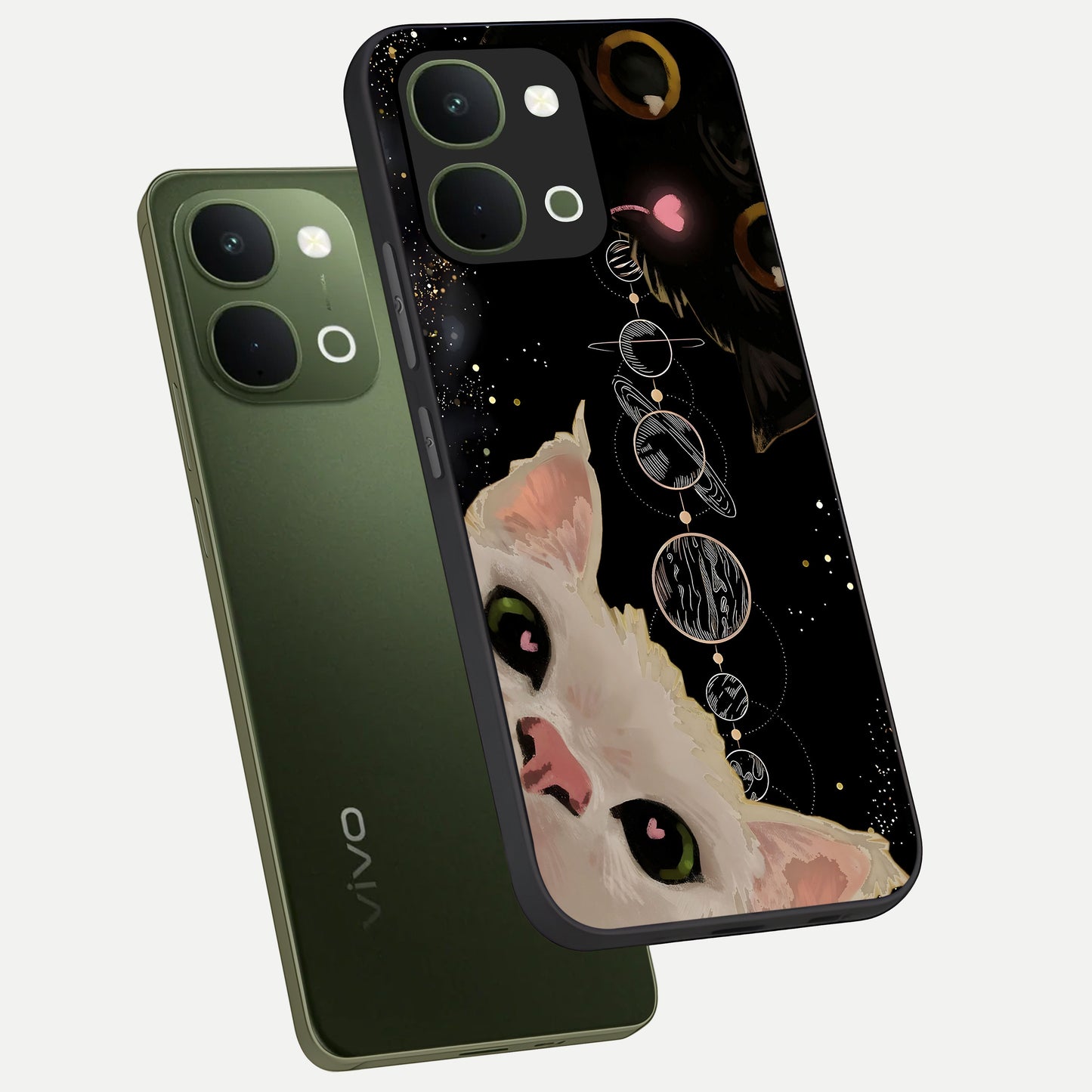 Galactic Cat Glass Case displayed in angled mockup highlighting celestial feline illustration with galaxy aesthetic style.