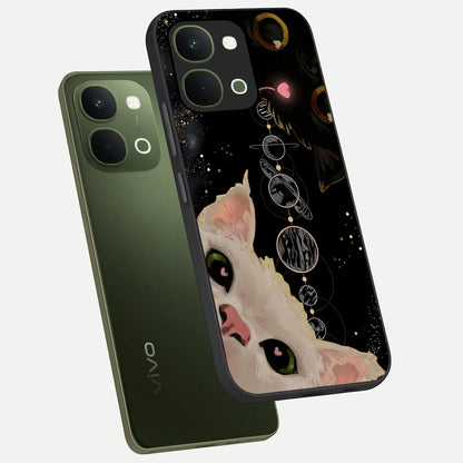 Galactic Cat Glass Case displayed in angled mockup highlighting celestial feline illustration with galaxy aesthetic style.