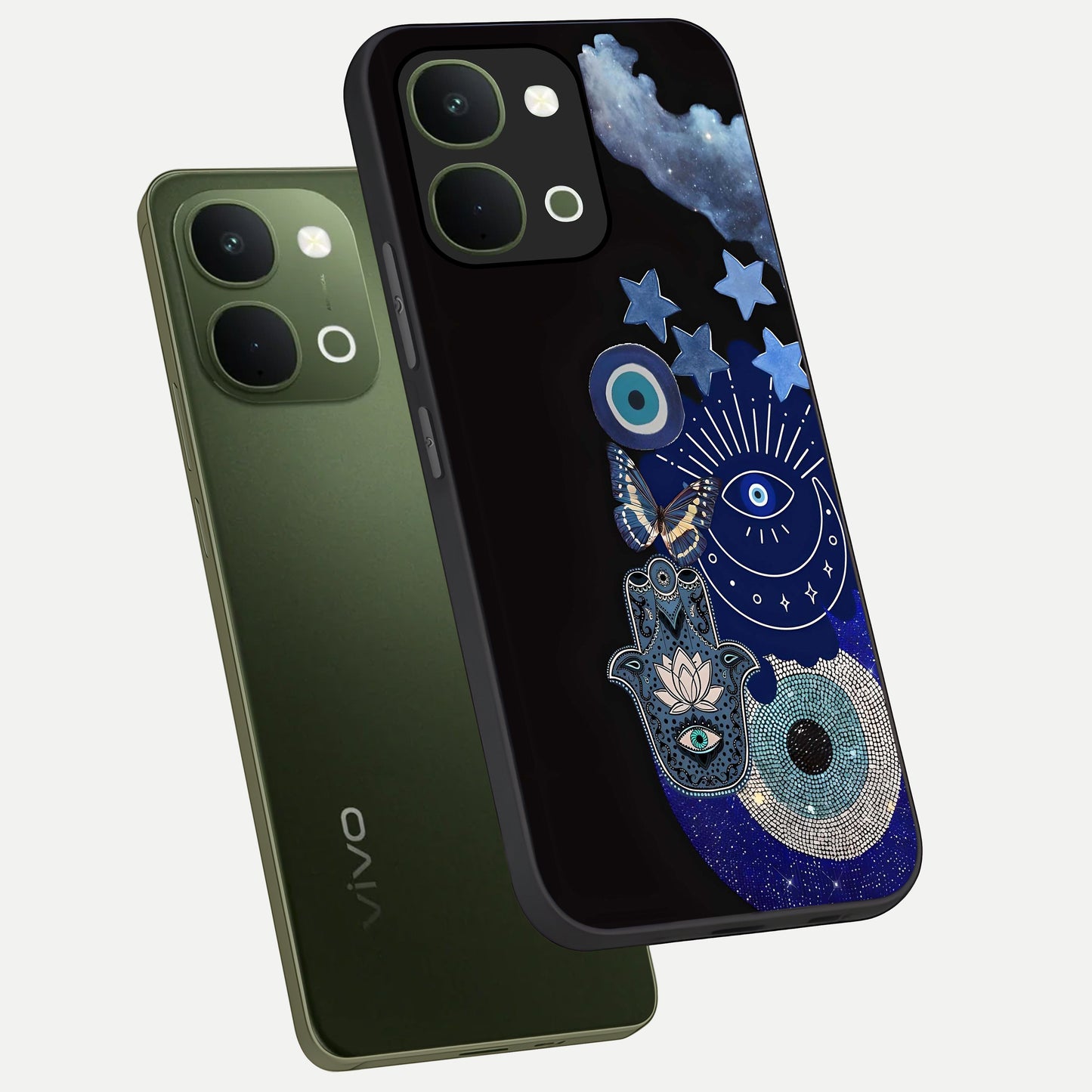 Galactic Charm Cluster Glass Case displayed in angled mockup highlighting luminous galaxy inspired design with dreamy aesthetic.