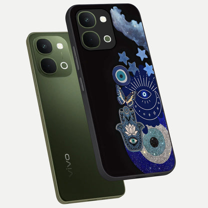 Galactic Charm Cluster Glass Case displayed in angled mockup highlighting luminous galaxy inspired design with dreamy aesthetic.