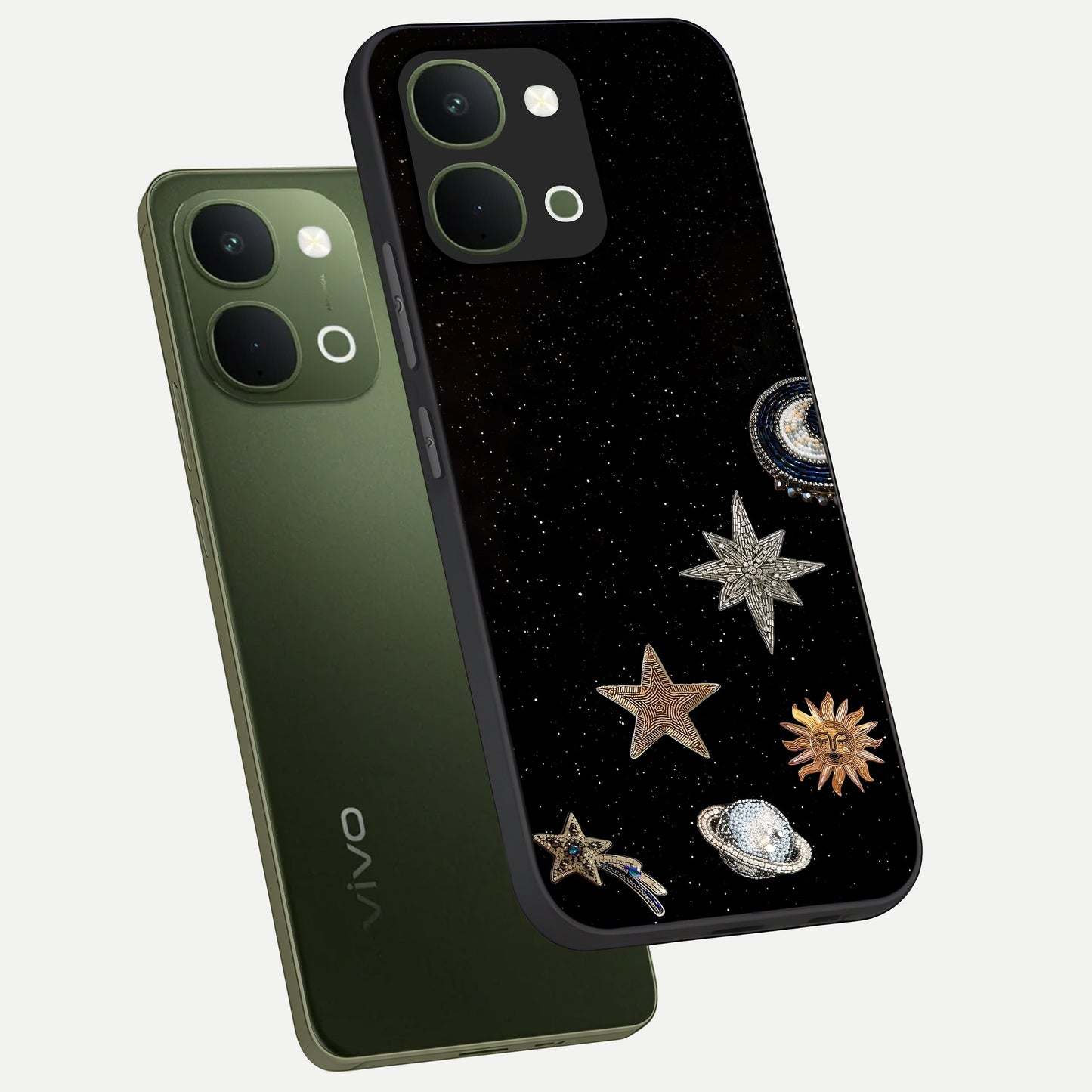 Galactic Charm Glow Glass Case displayed in angled mockup highlighting luminous galaxy inspired design with dreamy aesthetic.