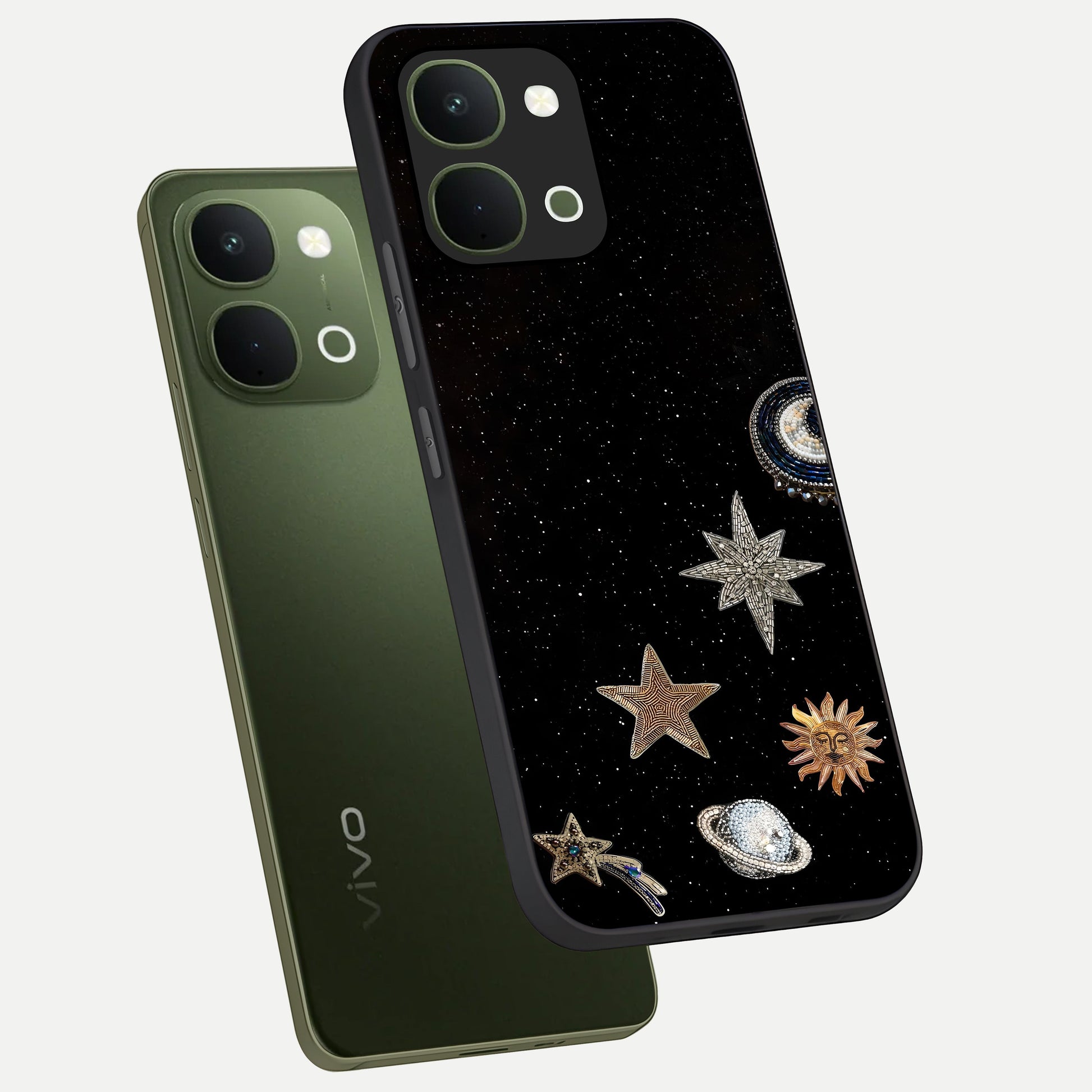 Galactic Charm Glow Glass Case displayed in angled mockup highlighting luminous galaxy inspired design with dreamy aesthetic.