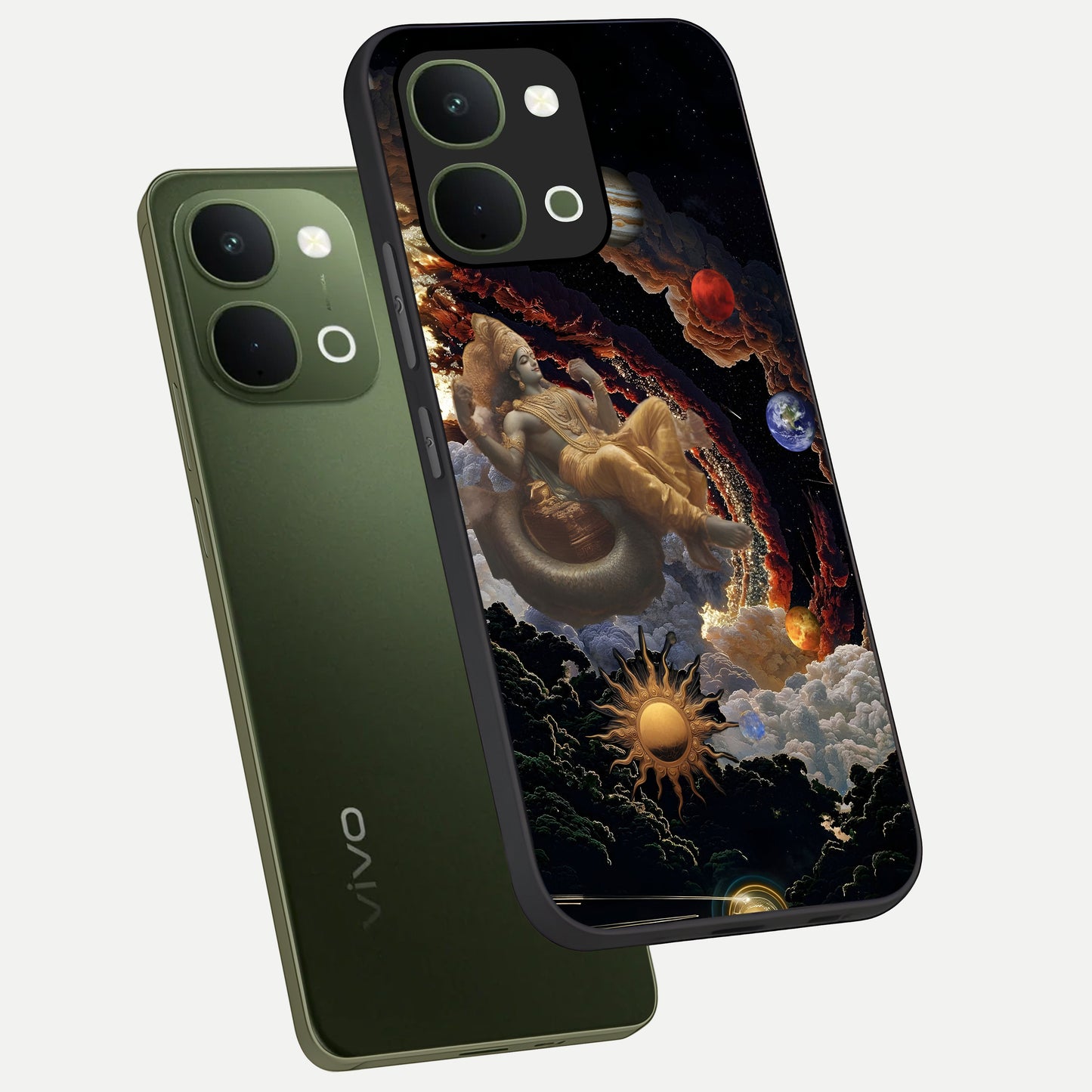 Galactic Divine God Glass Case displayed in angled mockup highlighting powerful celestial deity illustration with galactic aesthetic.