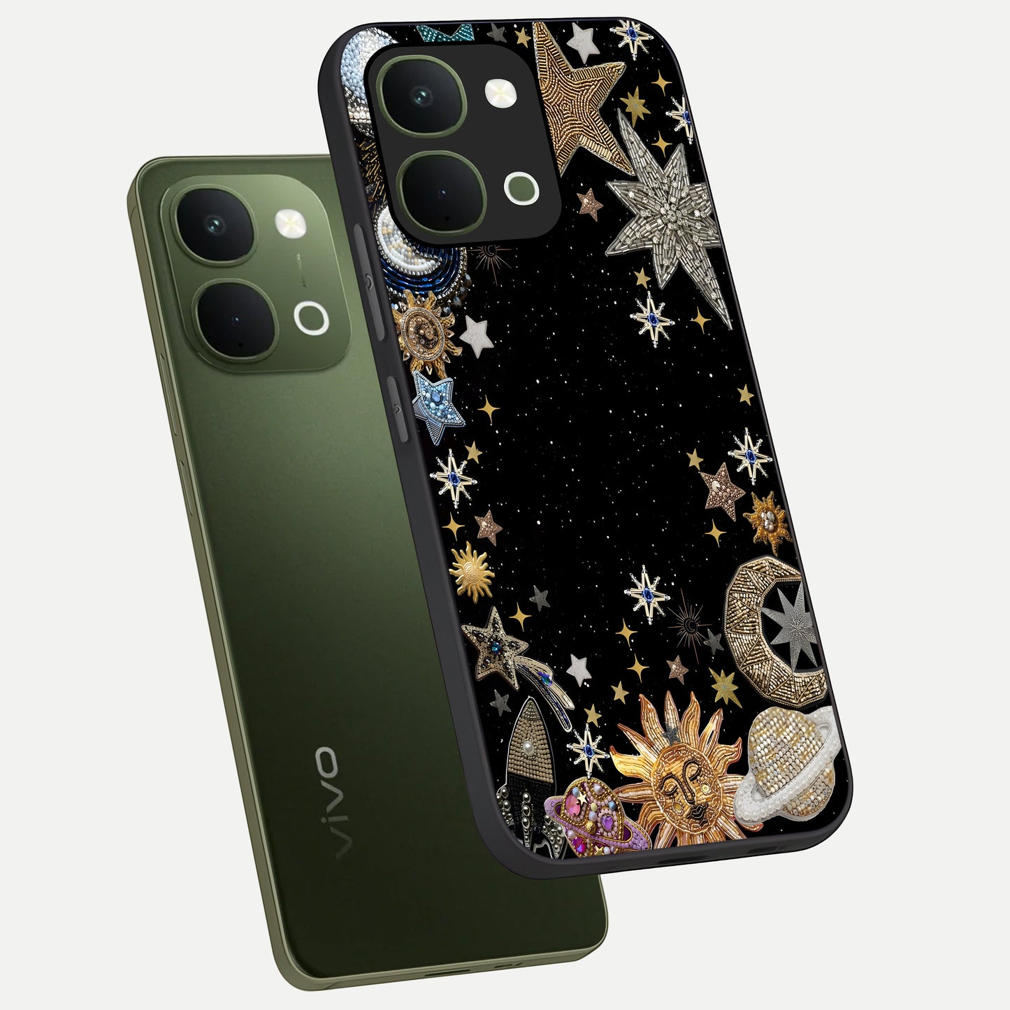 Galactic Jewel Stars Glass Case displayed in angled mockup highlighting shining celestial star design with cosmic aesthetic style.