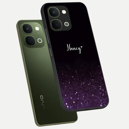 Glittery Purple Bokeh Custom Name Glass Case displayed in angled mockup highlighting glitter bokeh pattern with custom name feature.