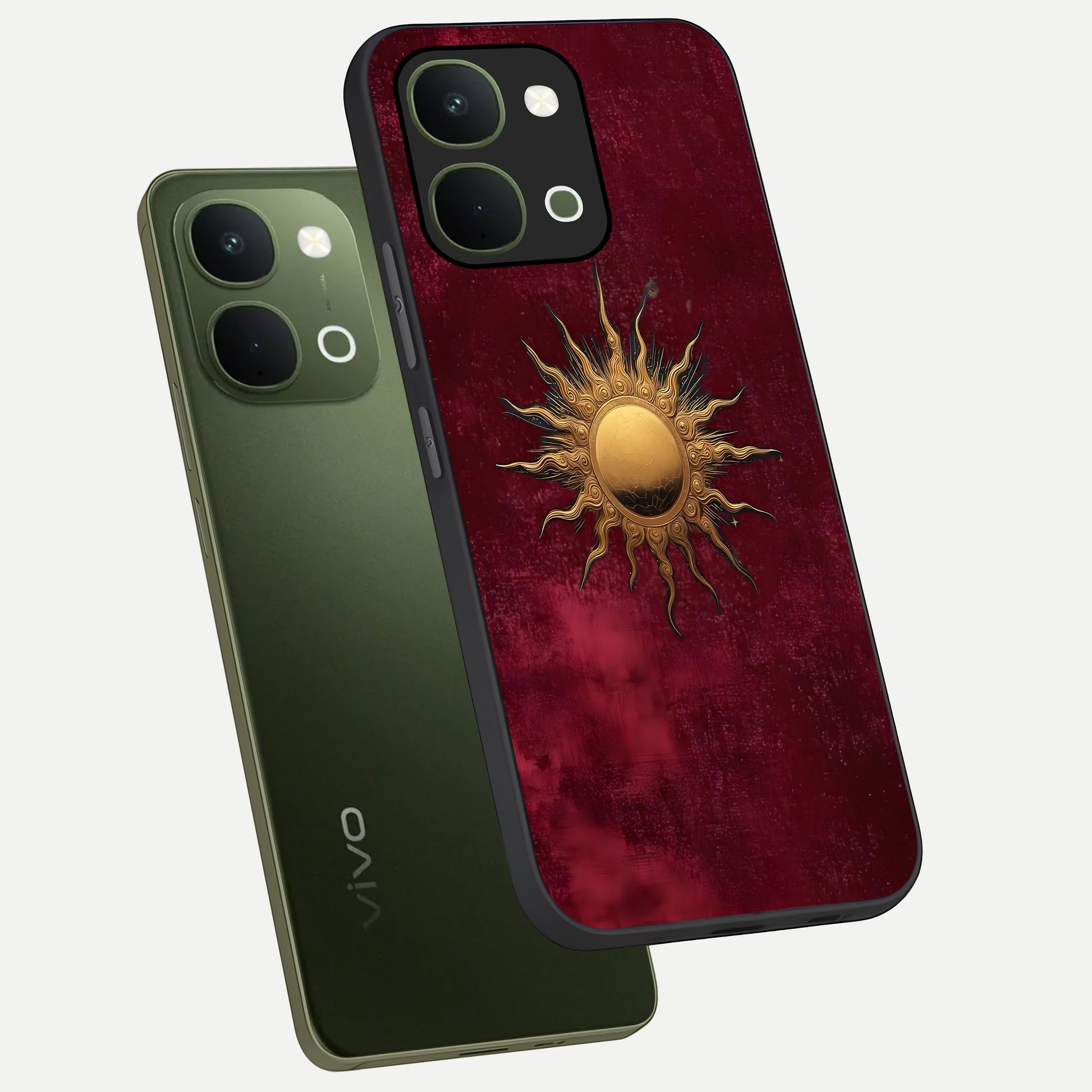 Golden Sun Minimalism Glass Case displayed in angled mockup highlighting clean sun symbol design with modern minimal aesthetic.