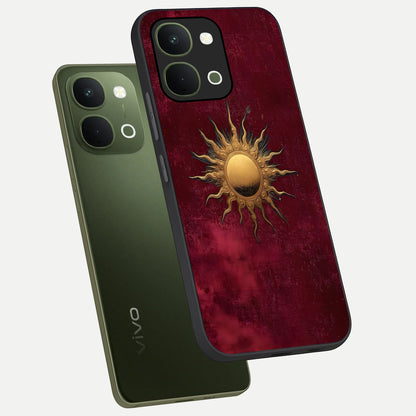 Golden Sun Minimalism Glass Case displayed in angled mockup highlighting clean sun symbol design with modern minimal aesthetic.