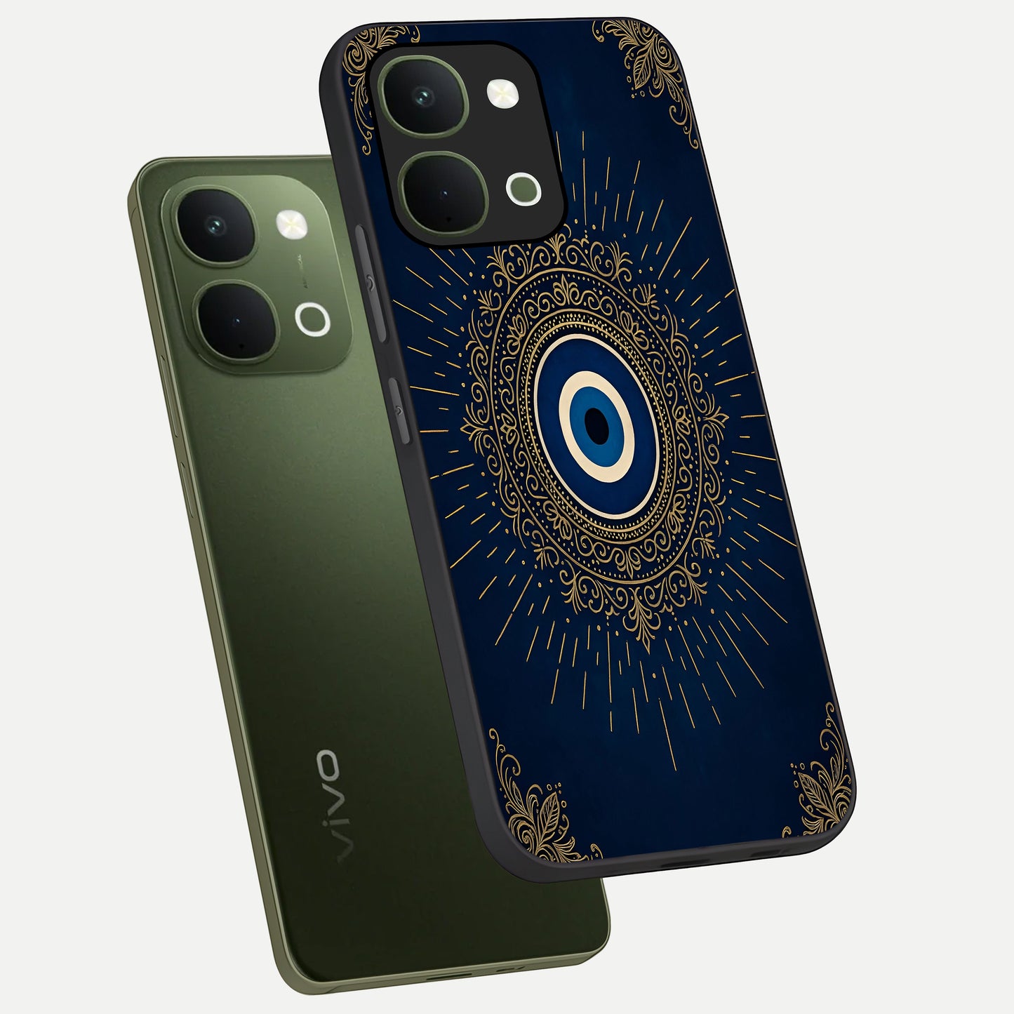 Golden Celestial Charm Glass Case displayed in angled mockup highlighting sparkling cosmic charm design with celestial aesthetic.