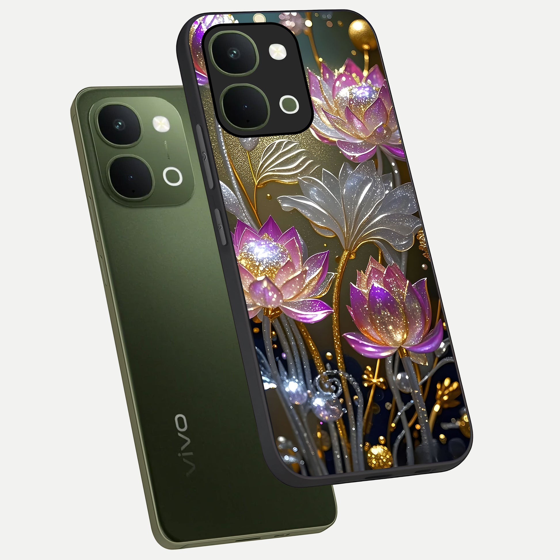 Golden Floral Majesty Glass Case displayed in angled mockup highlighting elegant flower design with royal golden aesthetic.