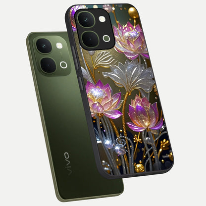 Golden Floral Majesty Glass Case displayed in angled mockup highlighting elegant flower design with royal golden aesthetic.